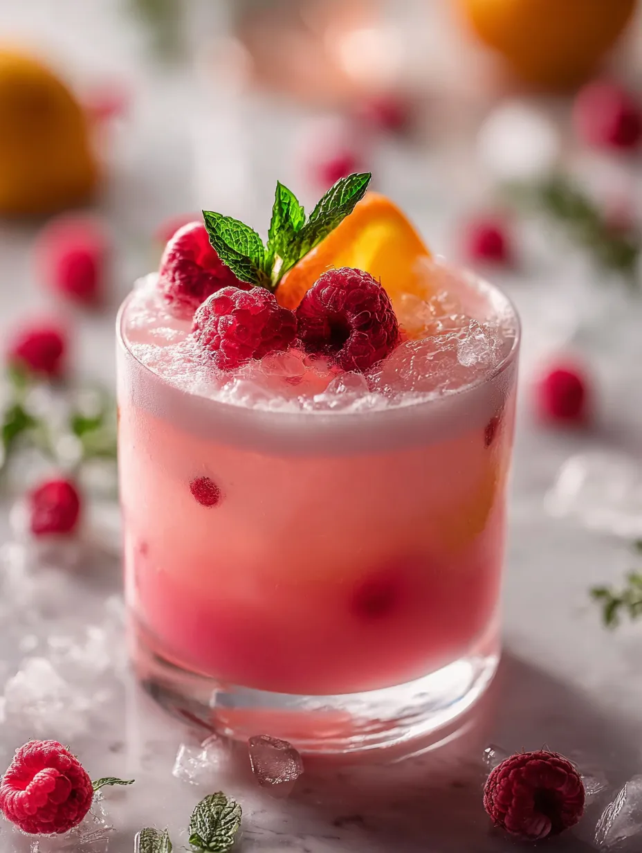 A glass of pink drink with a raspberry on top.