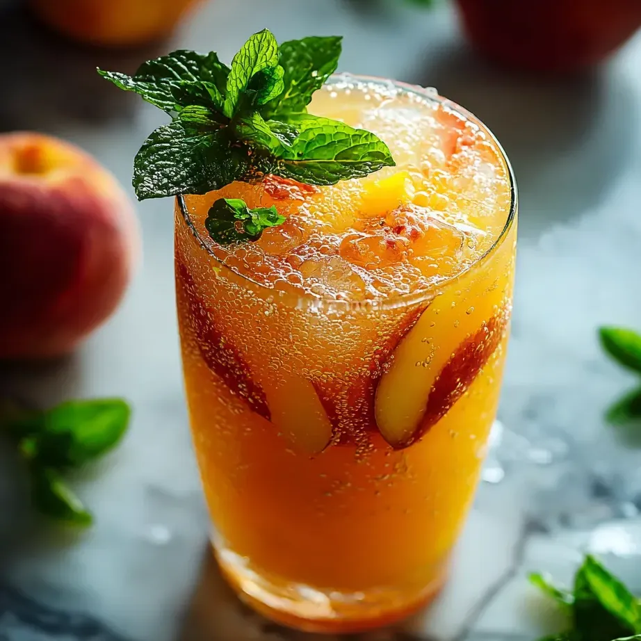 A glass of orange juice with a mint garnish.