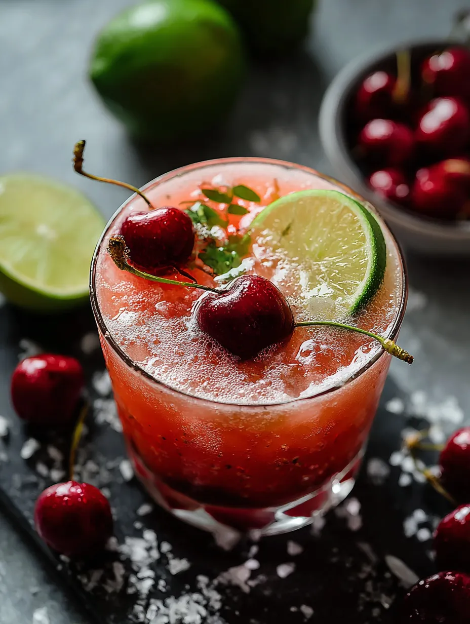 A glass of red juice with cherries on top.