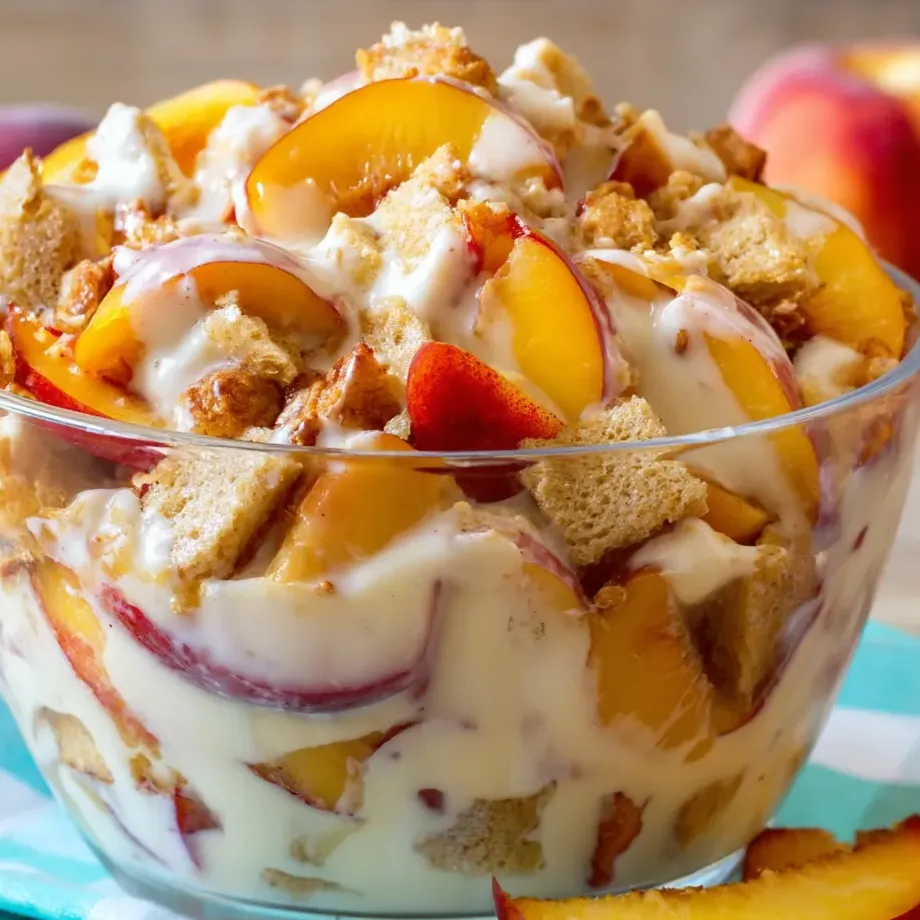 A bowl of peaches and crumbs.