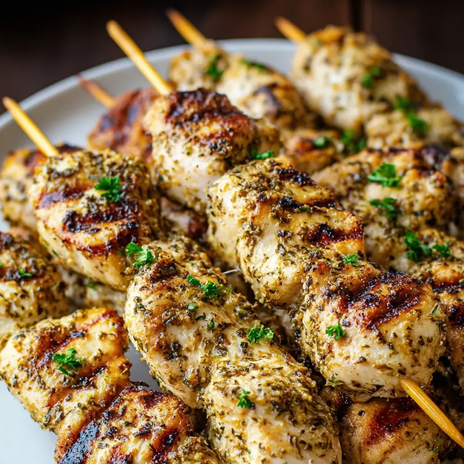 A plate of chicken skewers with green herbs.