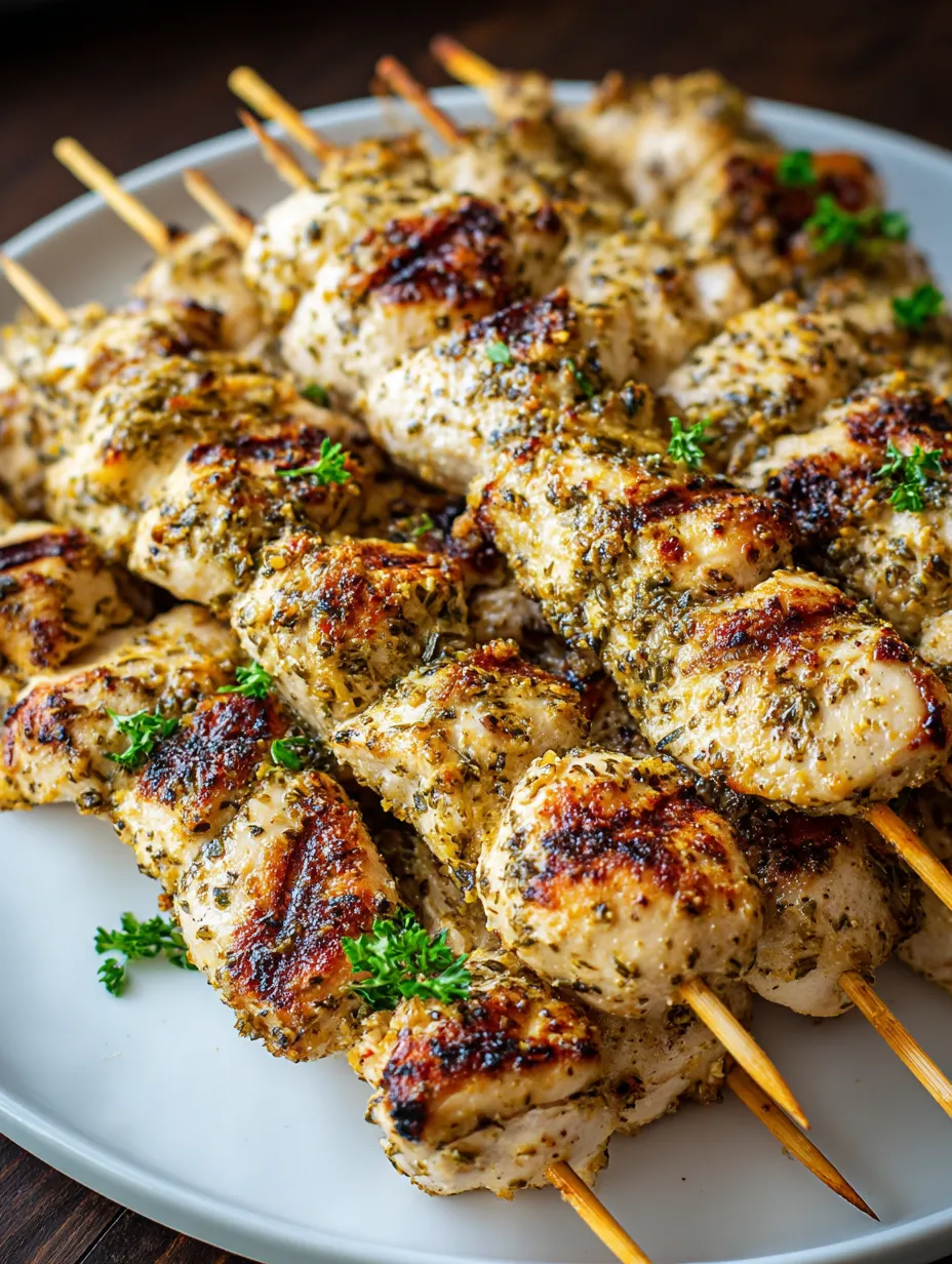 A plate of chicken skewers with herbs.