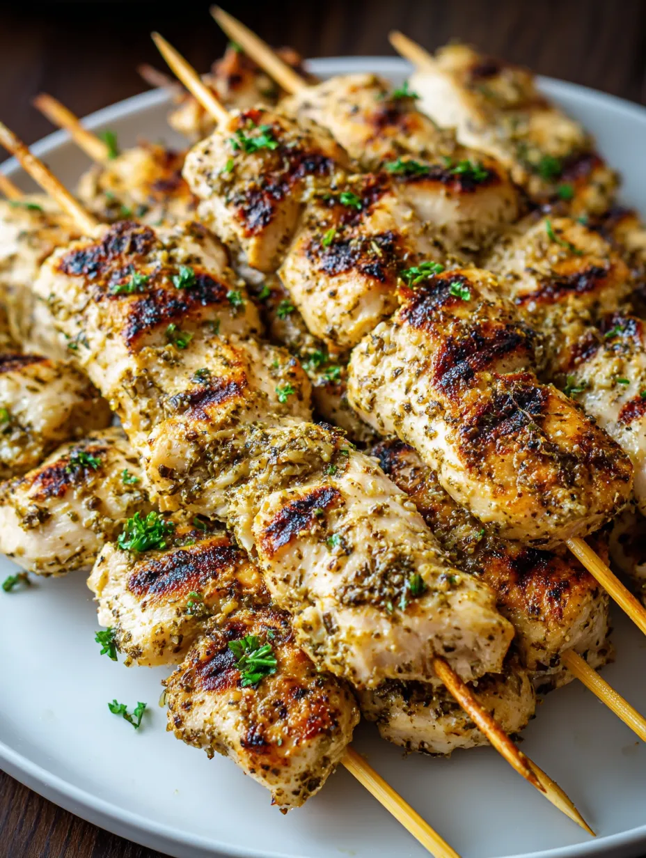 A plate of chicken skewers with herbs and spices.