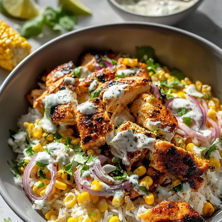 A bowl of food with chicken, corn, and onions.