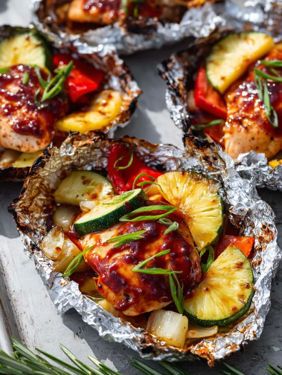 A foil wrapped piece of meat with a slice of pineapple and a slice of zucchini.