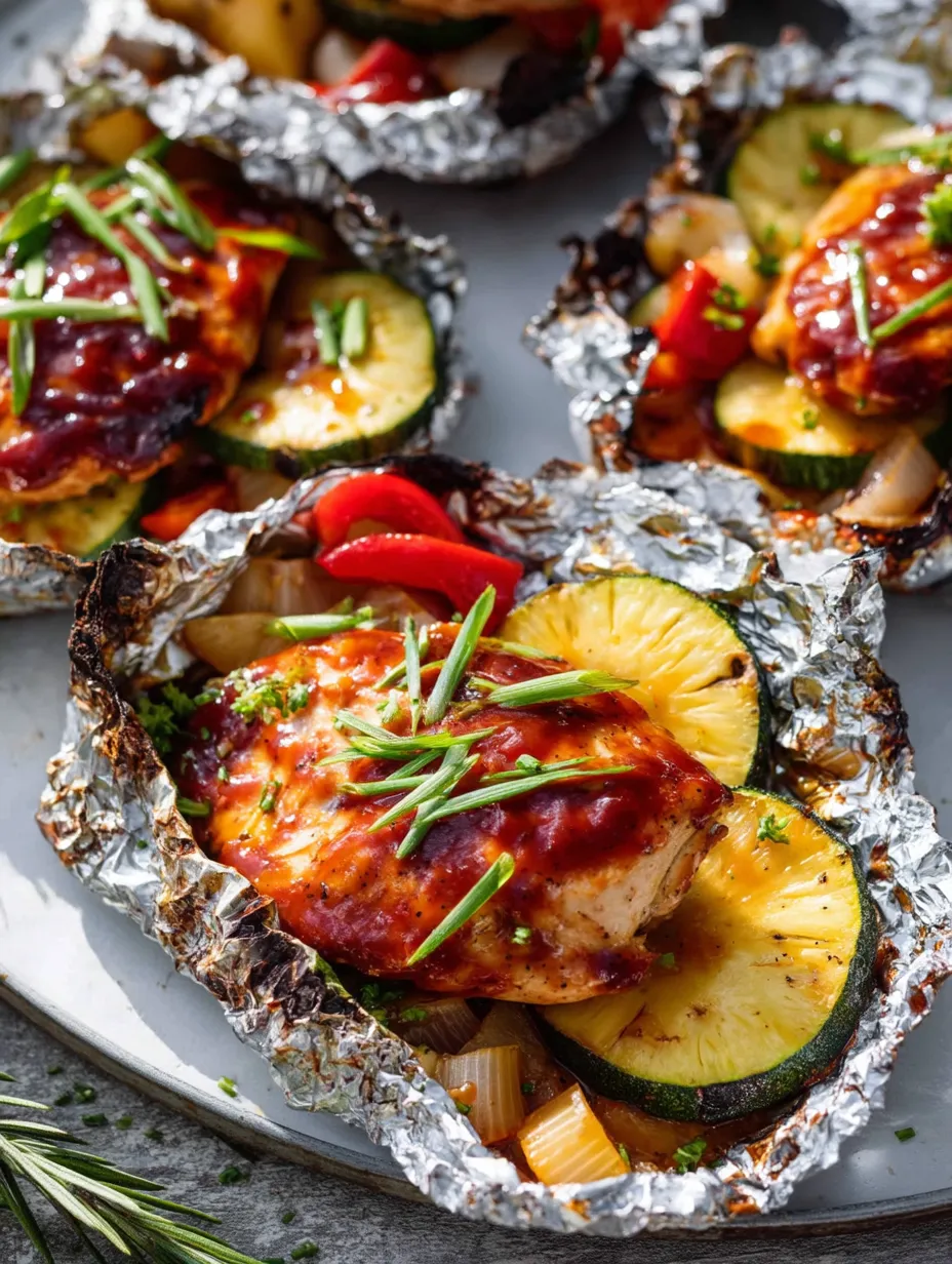 A chicken dish wrapped in foil with a pineapple slice on top.