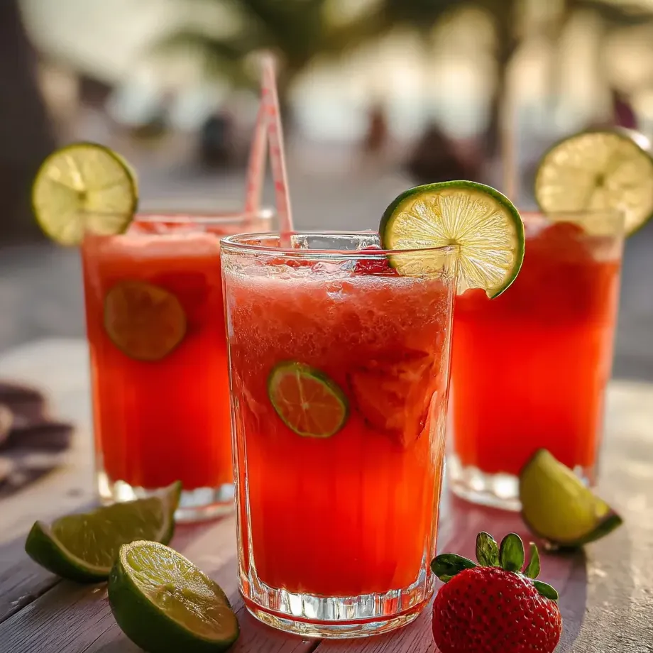 Three glasses of red drink with limes and strawberries.
