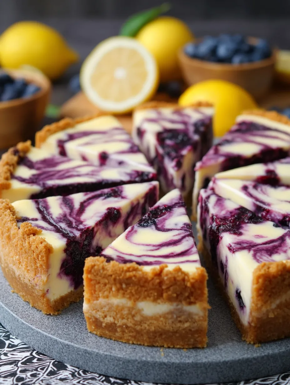 A slice of blueberry cheesecake with a lemon wedge on the side.