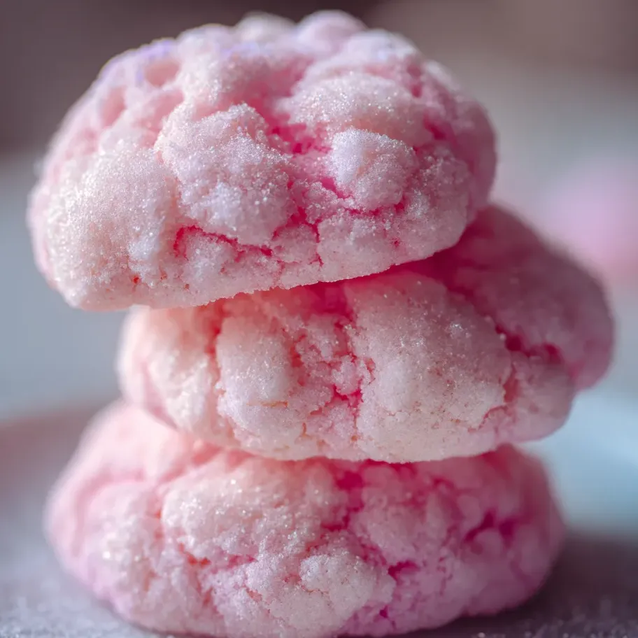 Pink frosted cookies stacked on a plate.
