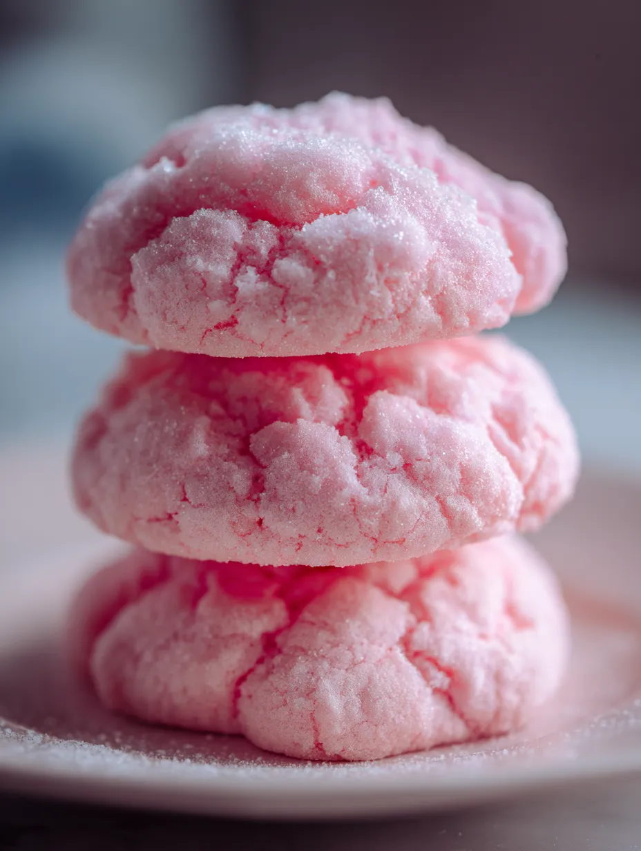 Three pink frosted cookies stacked on top of each other.