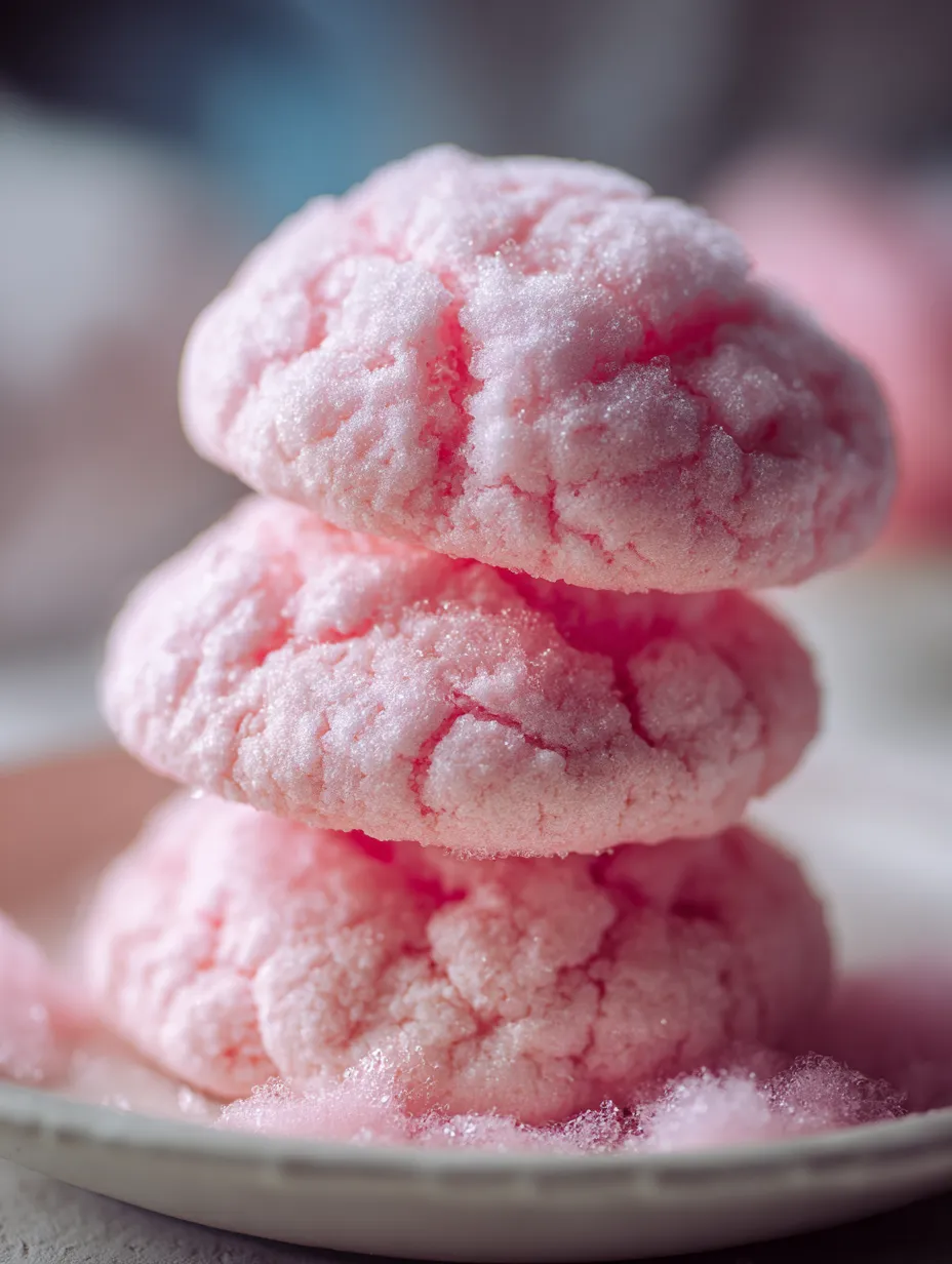 Pink frosted cookies stacked on top of each other.