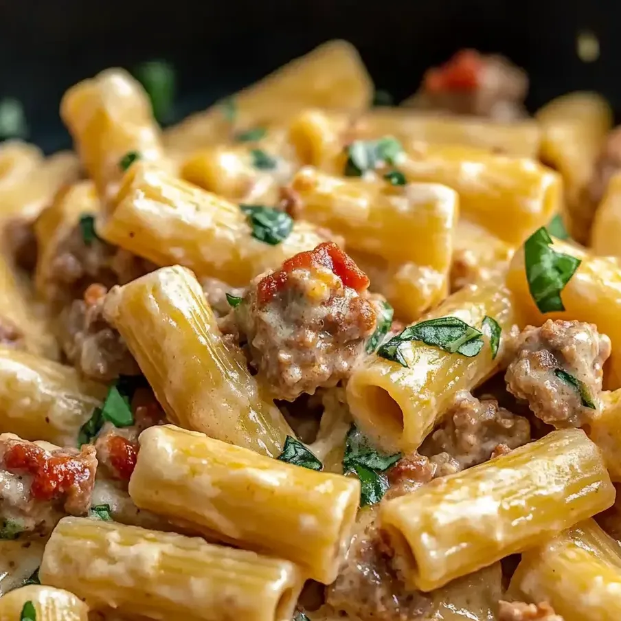 A bowl of pasta with meat and vegetables.