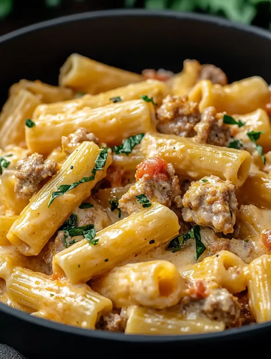 A bowl of pasta with meat and tomatoes.