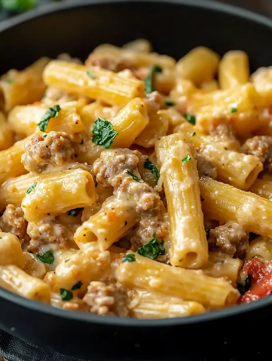 A bowl of pasta with meat and vegetables.