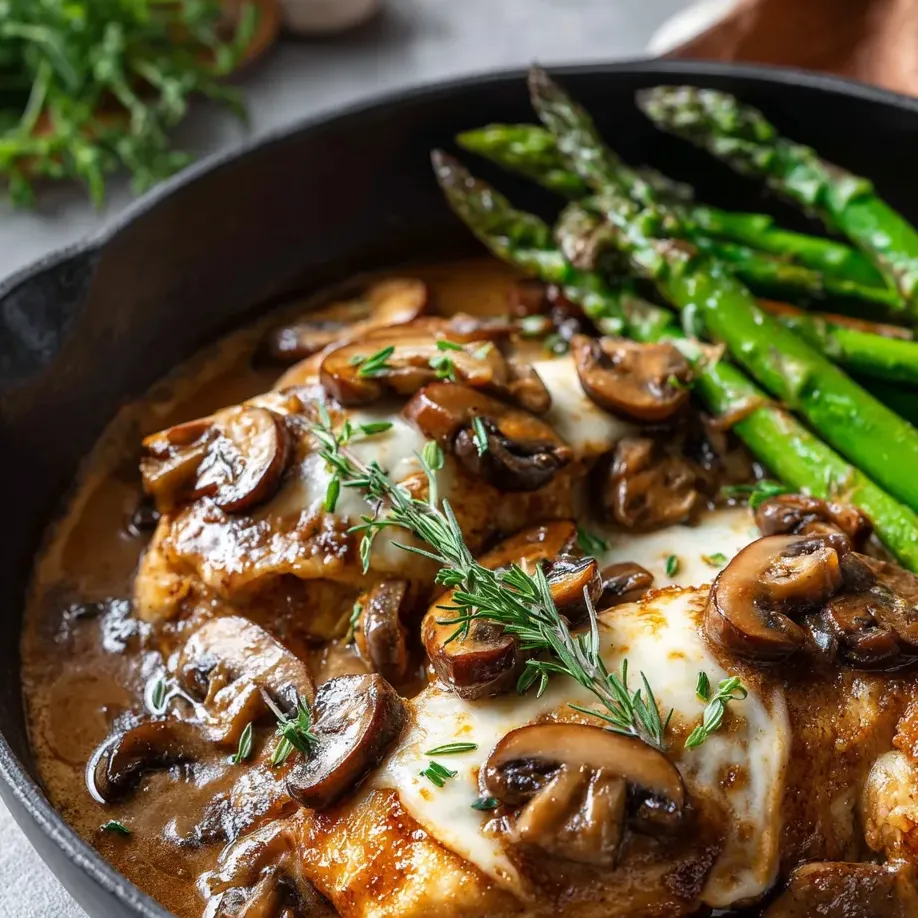A pan of food with mushrooms and asparagus.