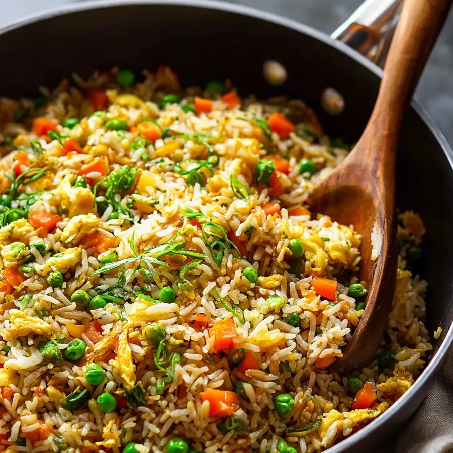 A pan of rice with peas and carrots.