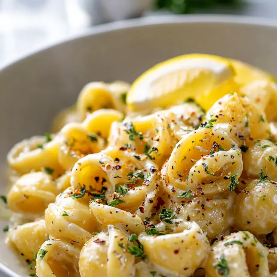 A bowl of pasta with a lemon wedge on top.