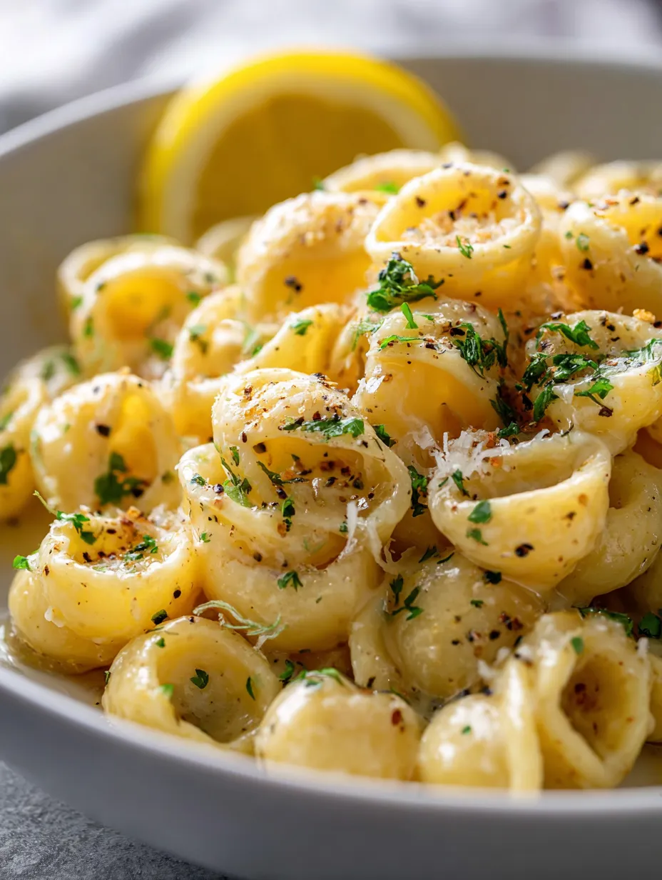 A bowl of pasta with a lemon wedge on top.