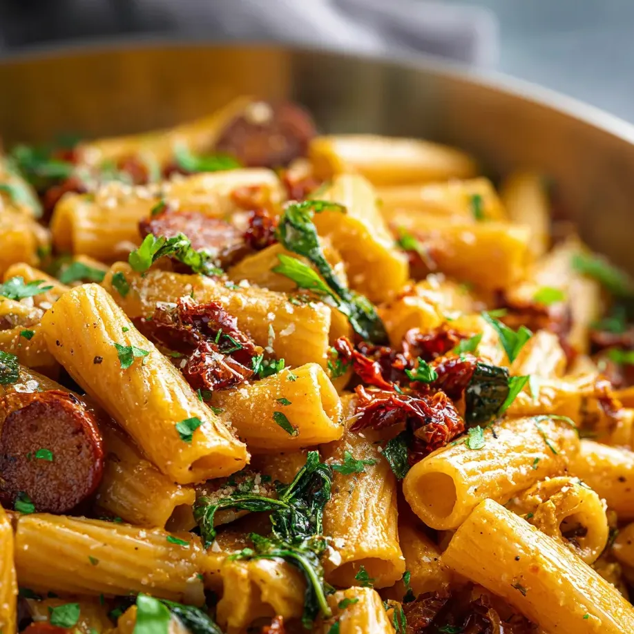 A bowl of pasta with meat and vegetables.