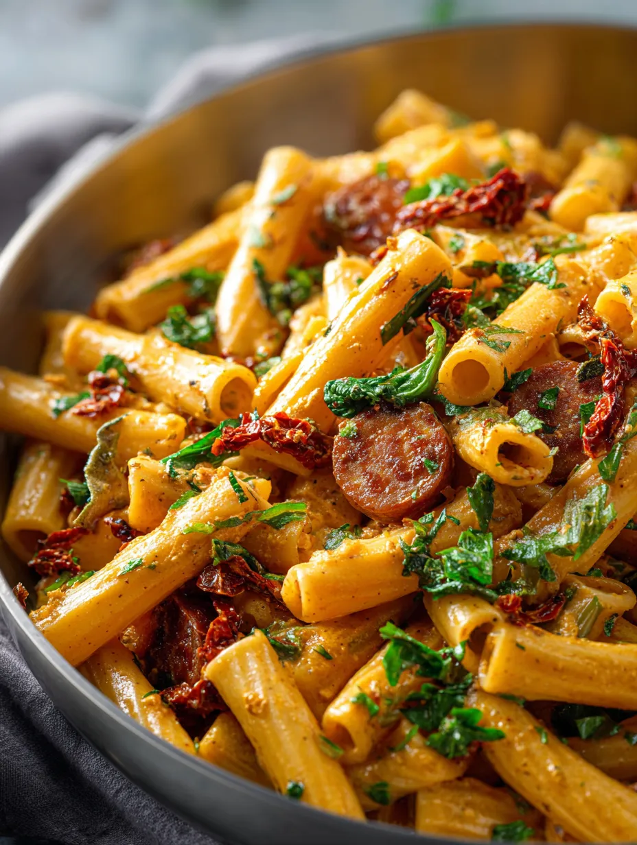 A bowl of pasta with sausage and vegetables.
