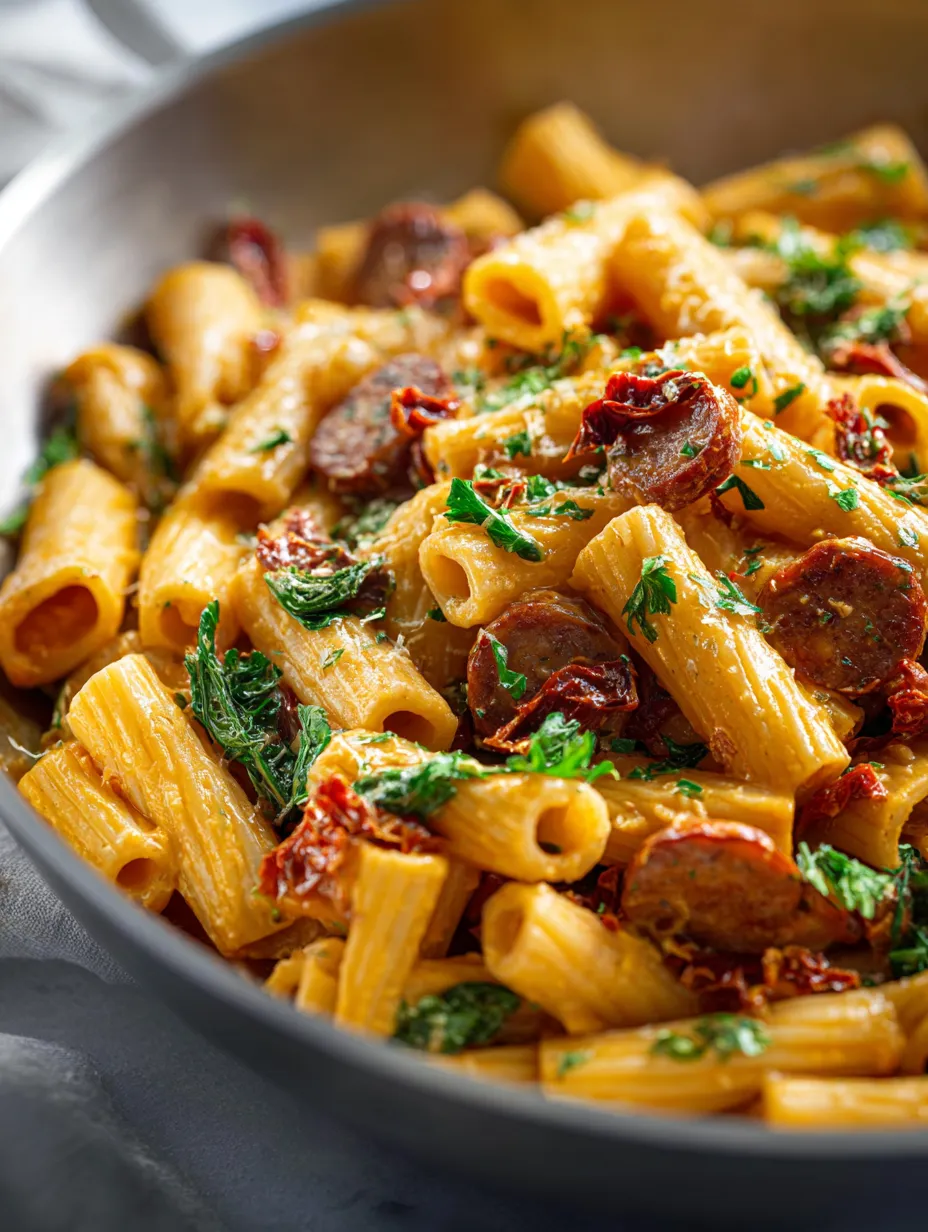 A bowl of pasta with sausage and herbs.