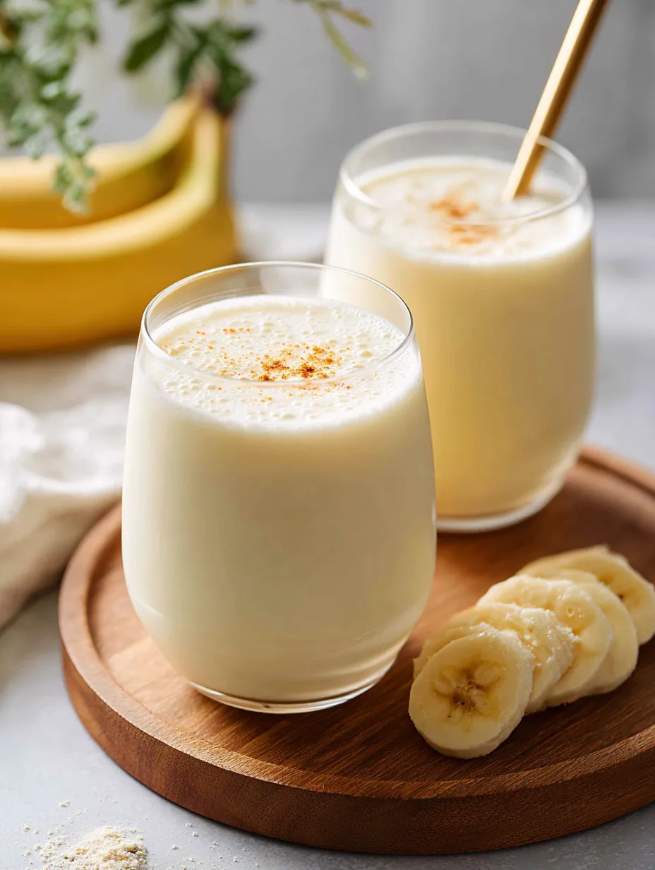 Two glasses of milk with bananas on a table.