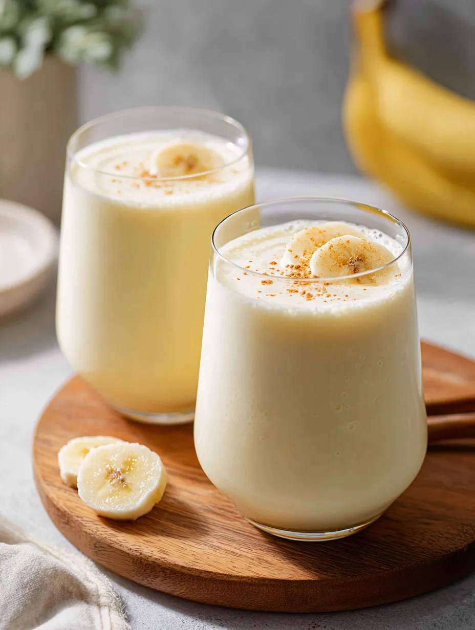 Two glasses of banana milk on a wooden table.