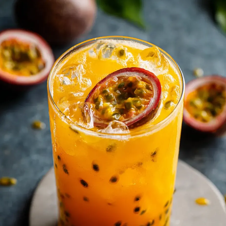 A glass of orange juice with a slice of fruit in it.