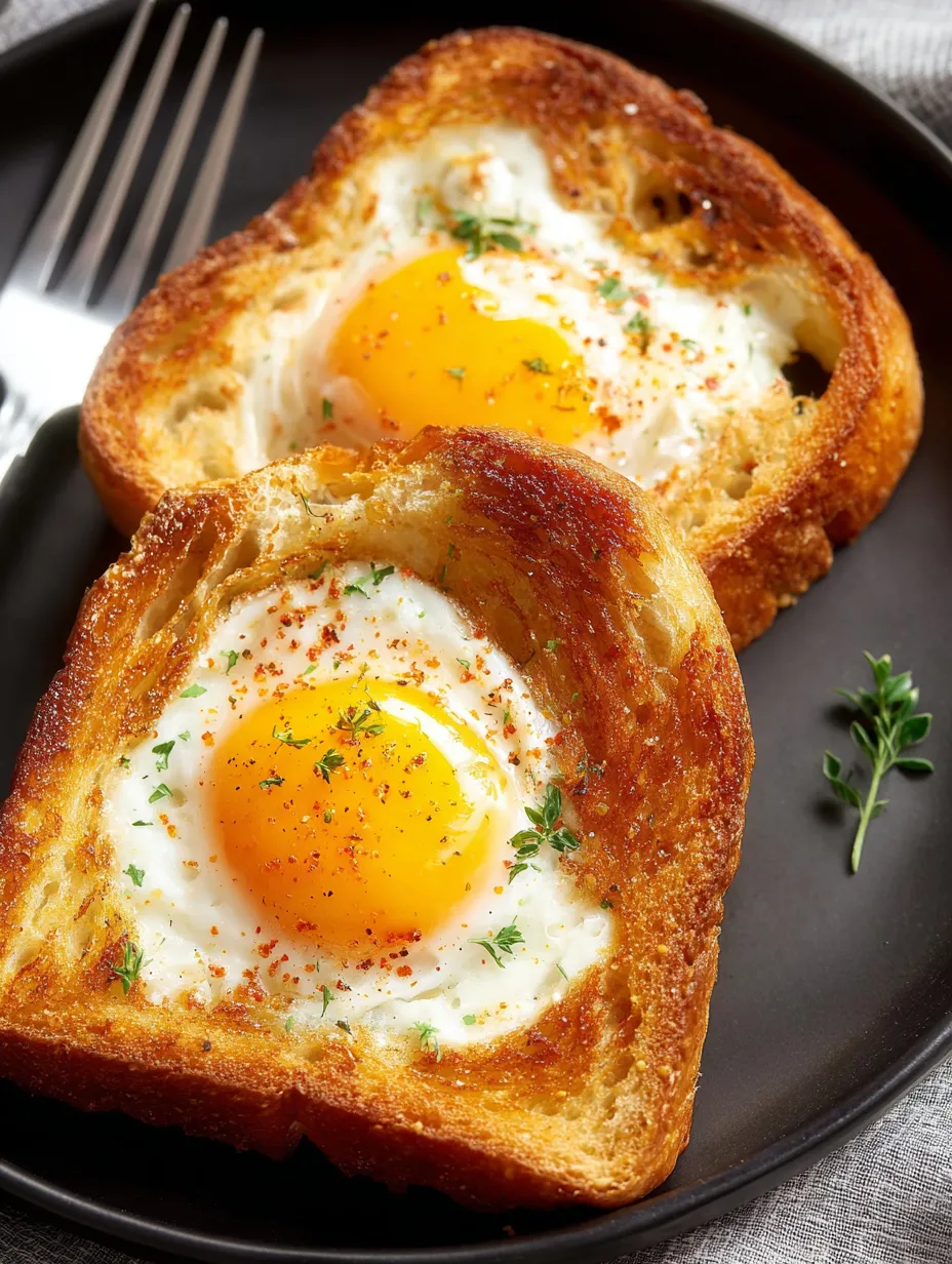 Two pieces of toast with eggs on top.