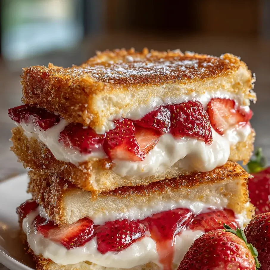 A stack of sandwiches with strawberries on top.
