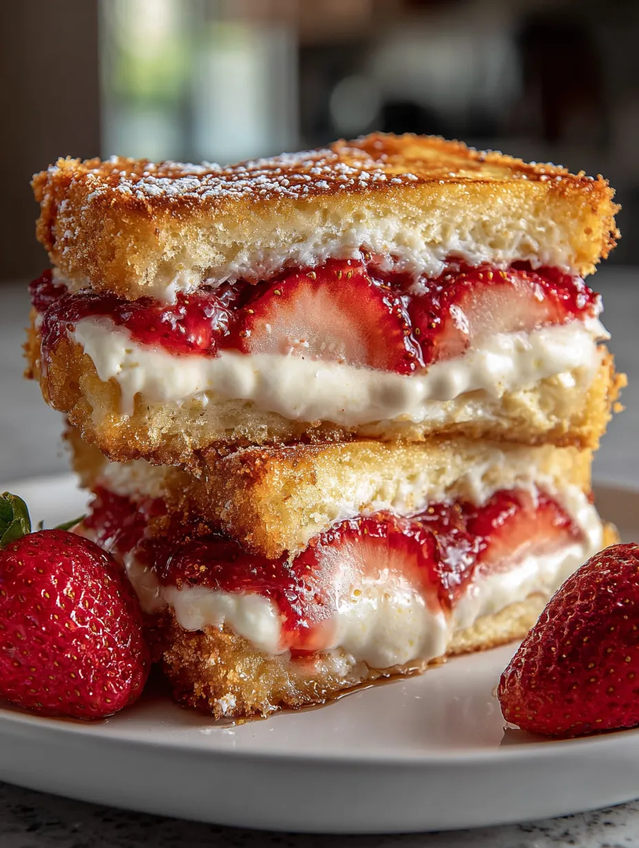 A stack of strawberry shortcake slices on a plate.