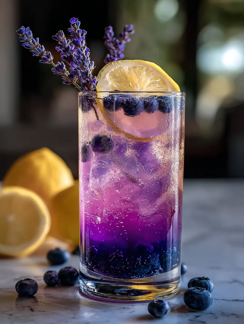 A glass of purple drink with blueberries and lemon slices.