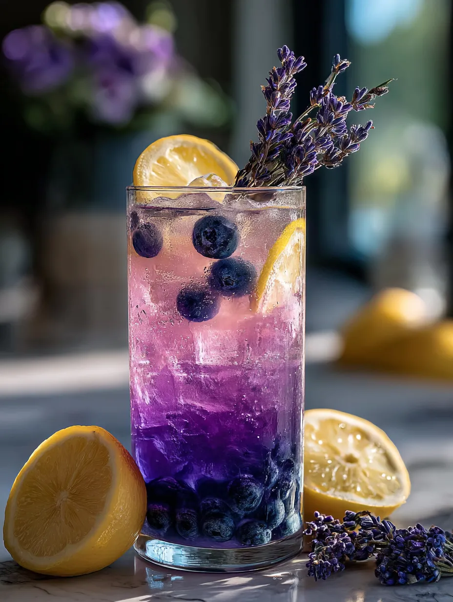 A glass of blueberry lemonade with a lemon and a blueberry on top.
