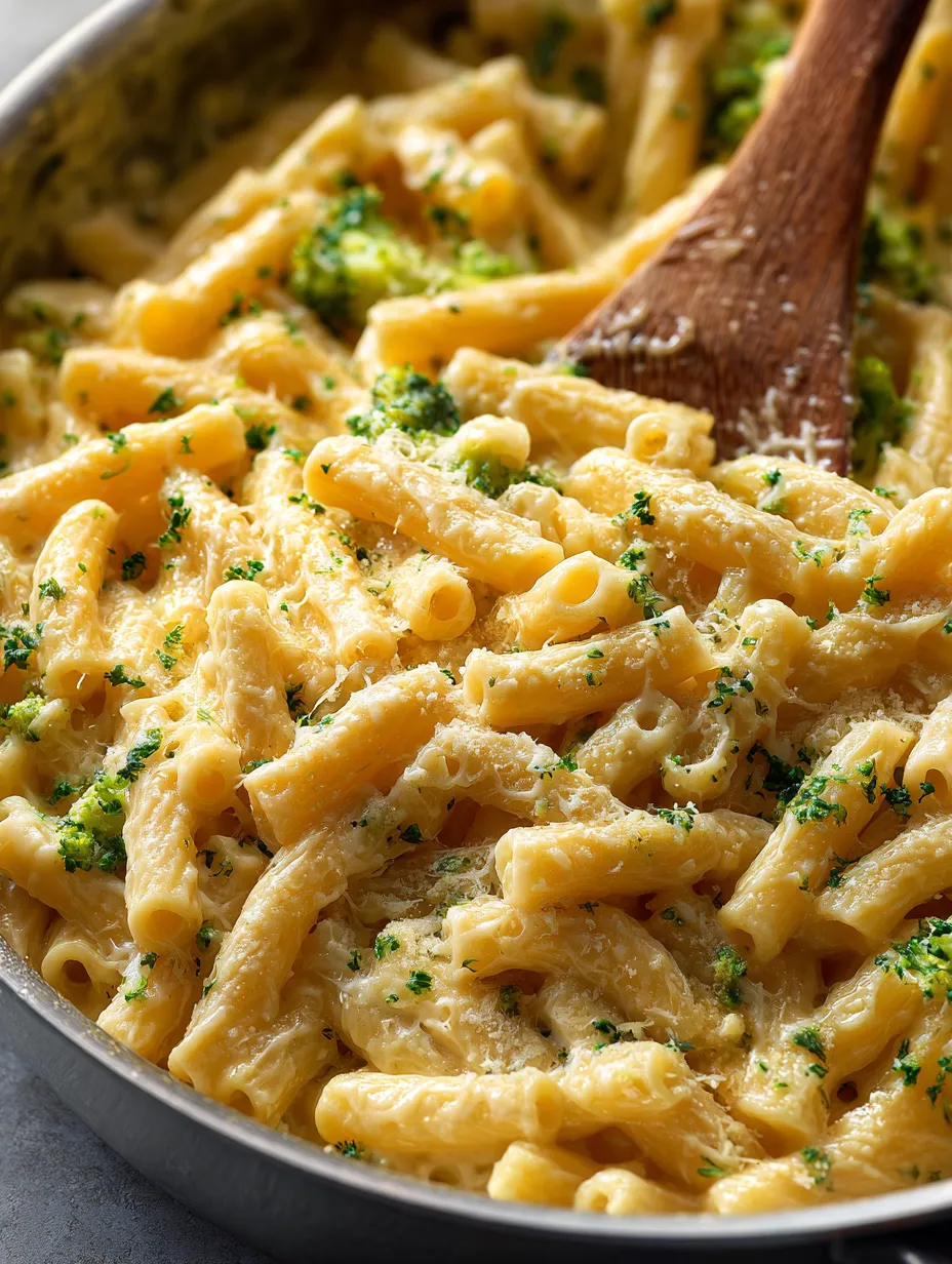 A bowl of pasta with broccoli and cheese.
