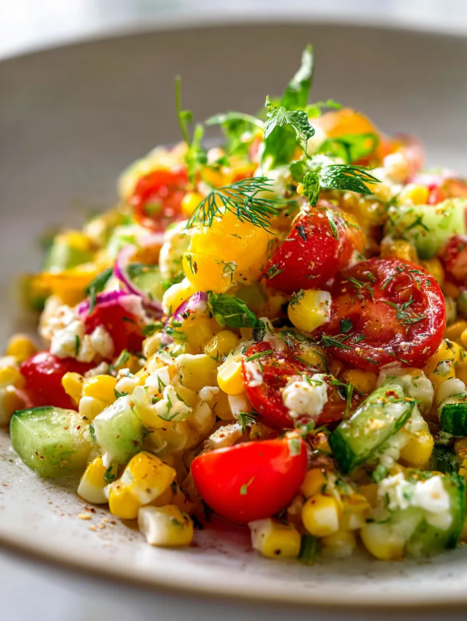 A plate of food with tomatoes, corn, and cucumbers.