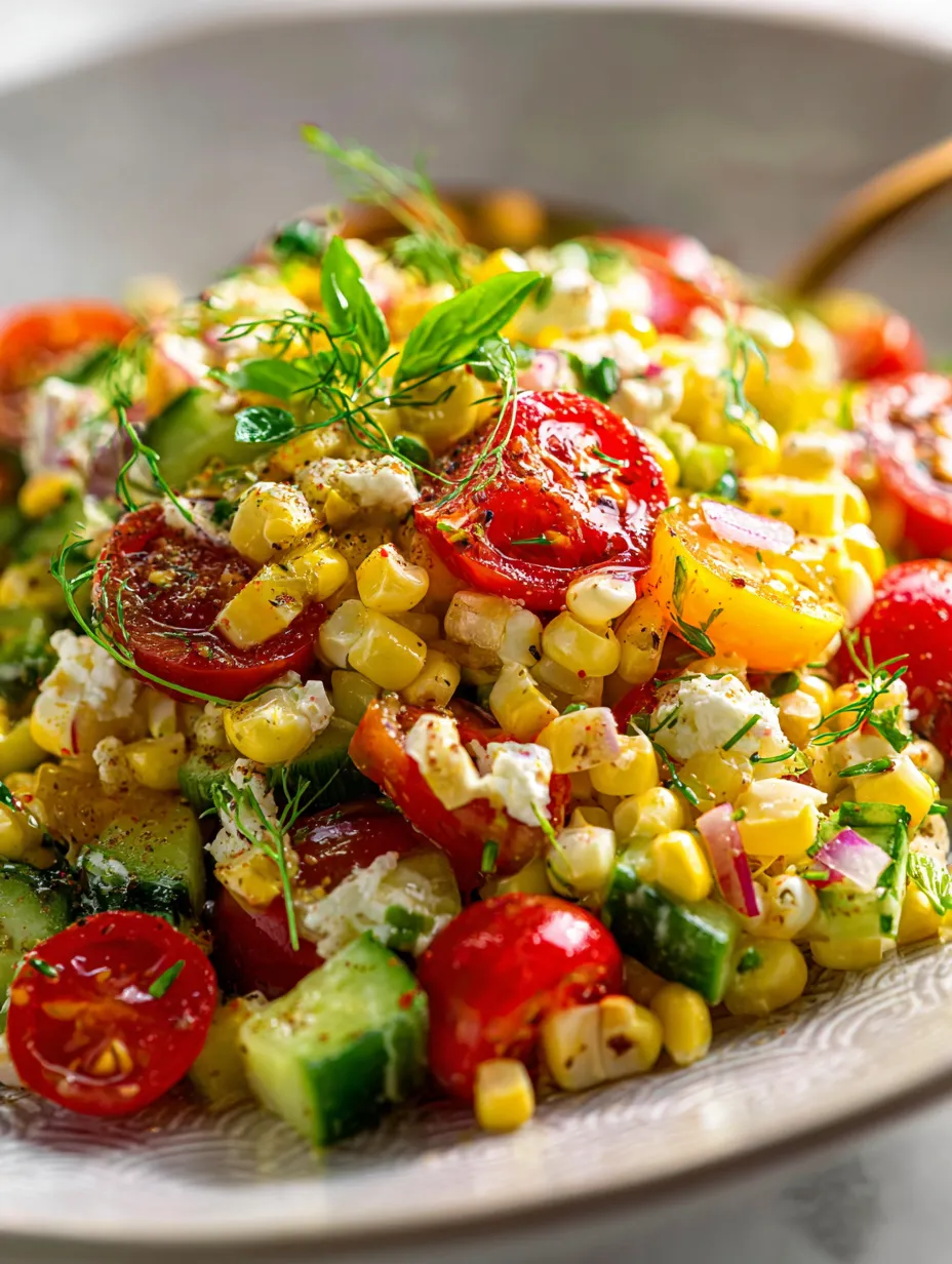 A bowl of vegetables including corn, tomatoes, and cucumbers.