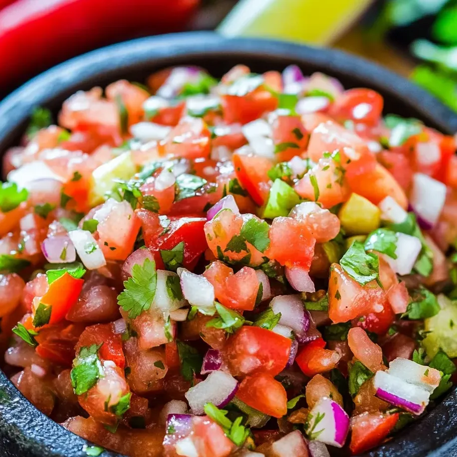 A bowl of salsa with tomatoes, onions, and peppers.
