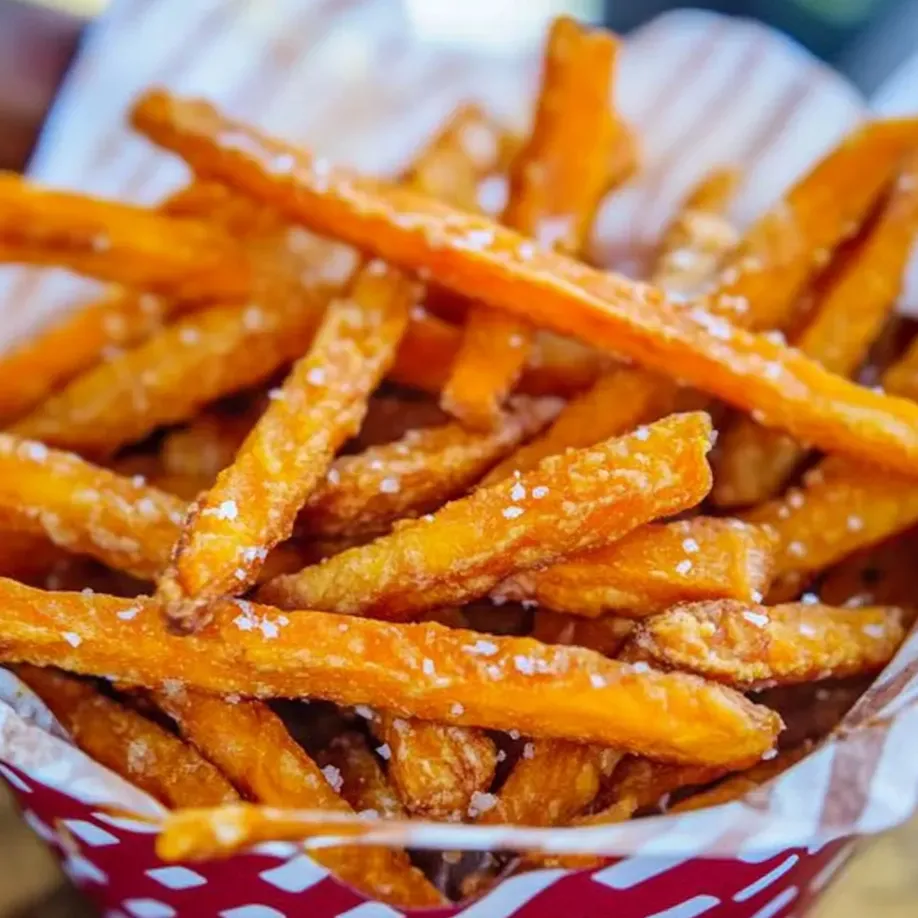 A basket of fries with a red and white checkered pattern.