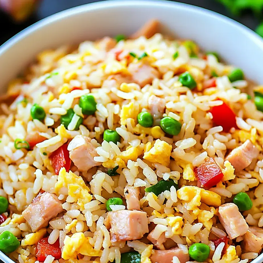 A bowl of rice with peas and ham.