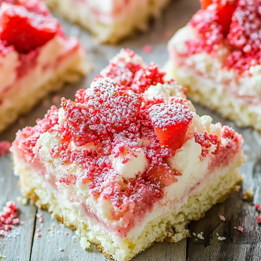 A slice of cake with white frosting and red strawberries.
