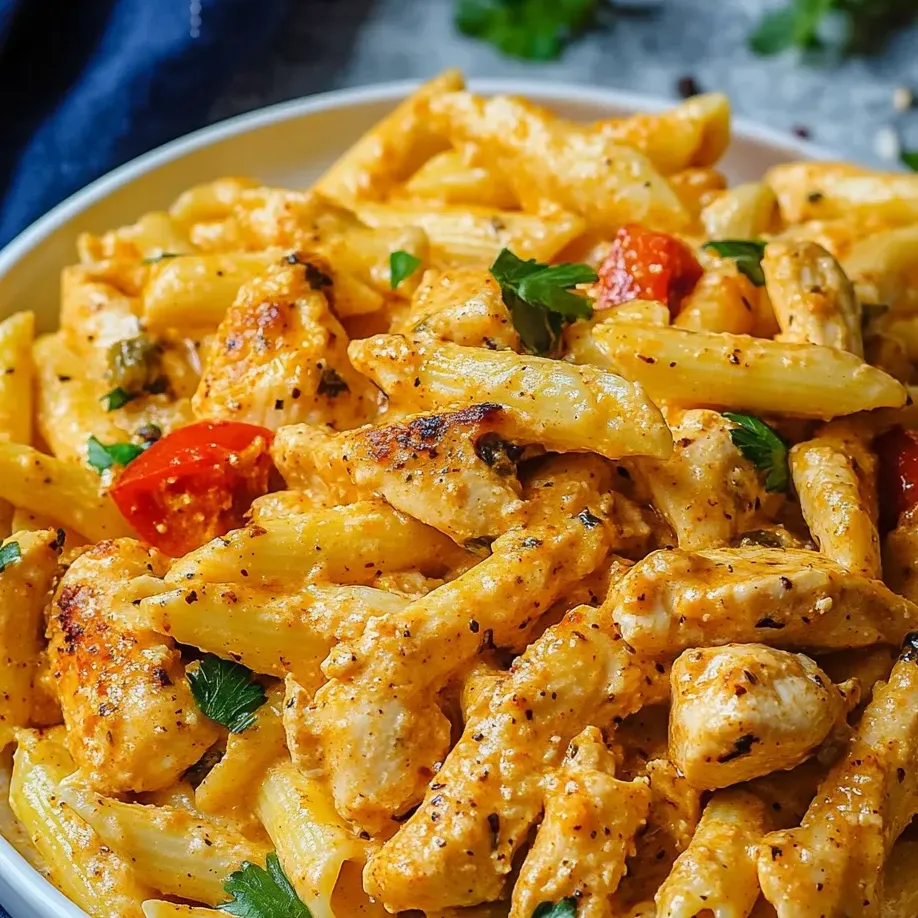 A bowl of pasta with chicken and tomatoes.