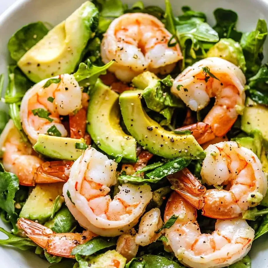 A bowl of shrimp salad with avocado and lettuce.