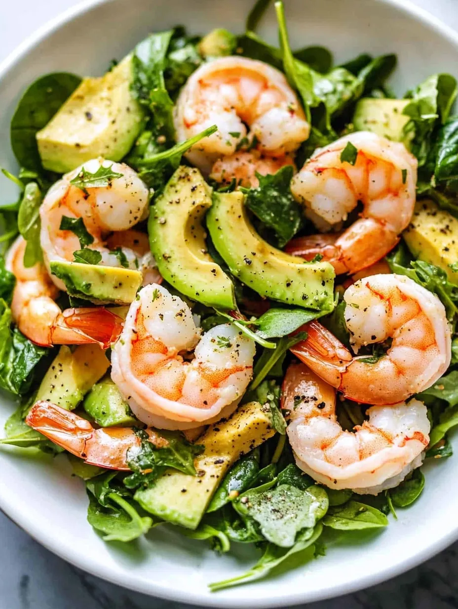 A bowl of shrimp salad with avocado and lettuce.
