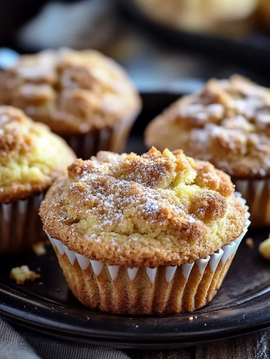 A plate of muffins with powdered sugar on top.