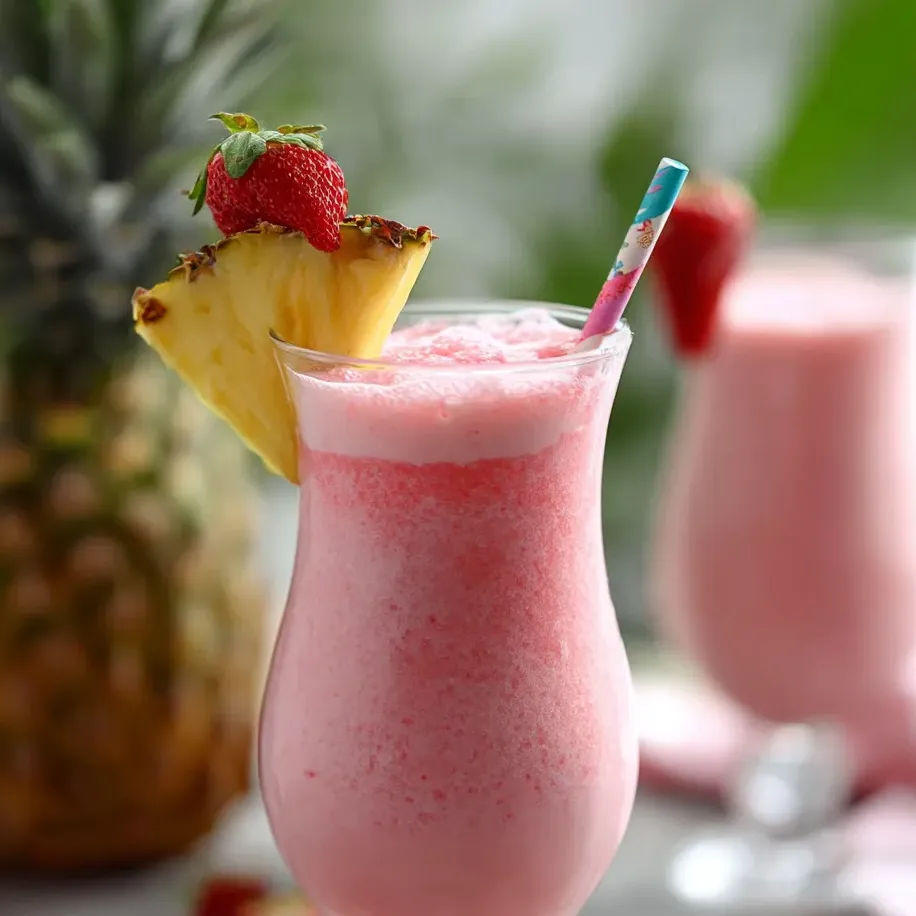 A glass of pink drink with a pineapple wedge on top.