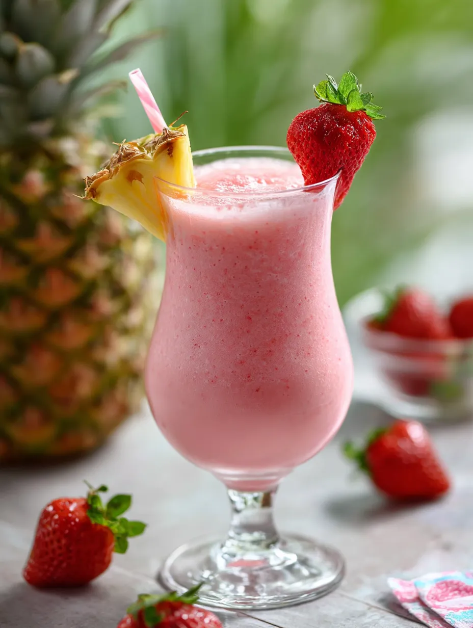 A glass of pink drink with a pineapple wedge on top.