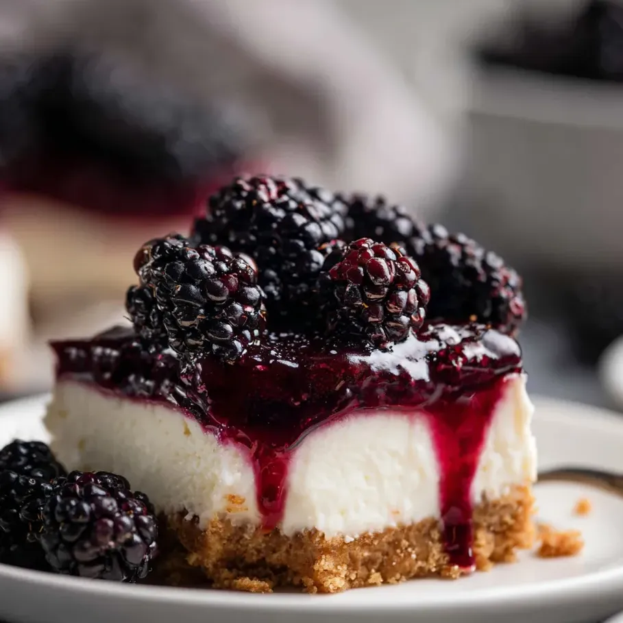 A slice of cheesecake with blackberries on top.