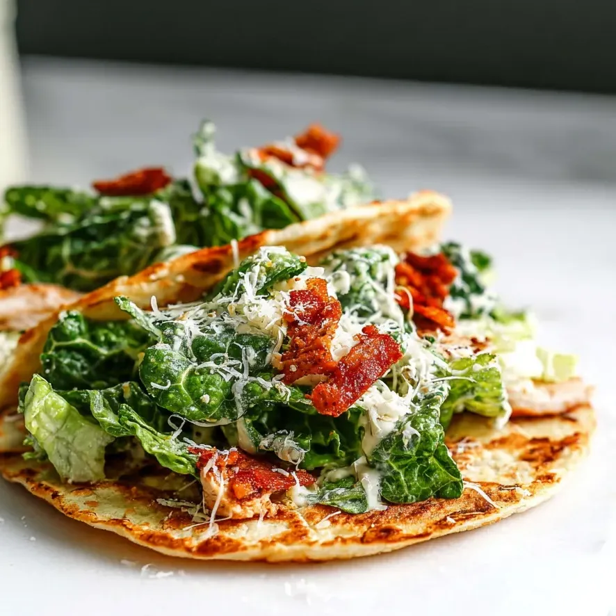 A salad with lettuce, bacon, and cheese on a tortilla.