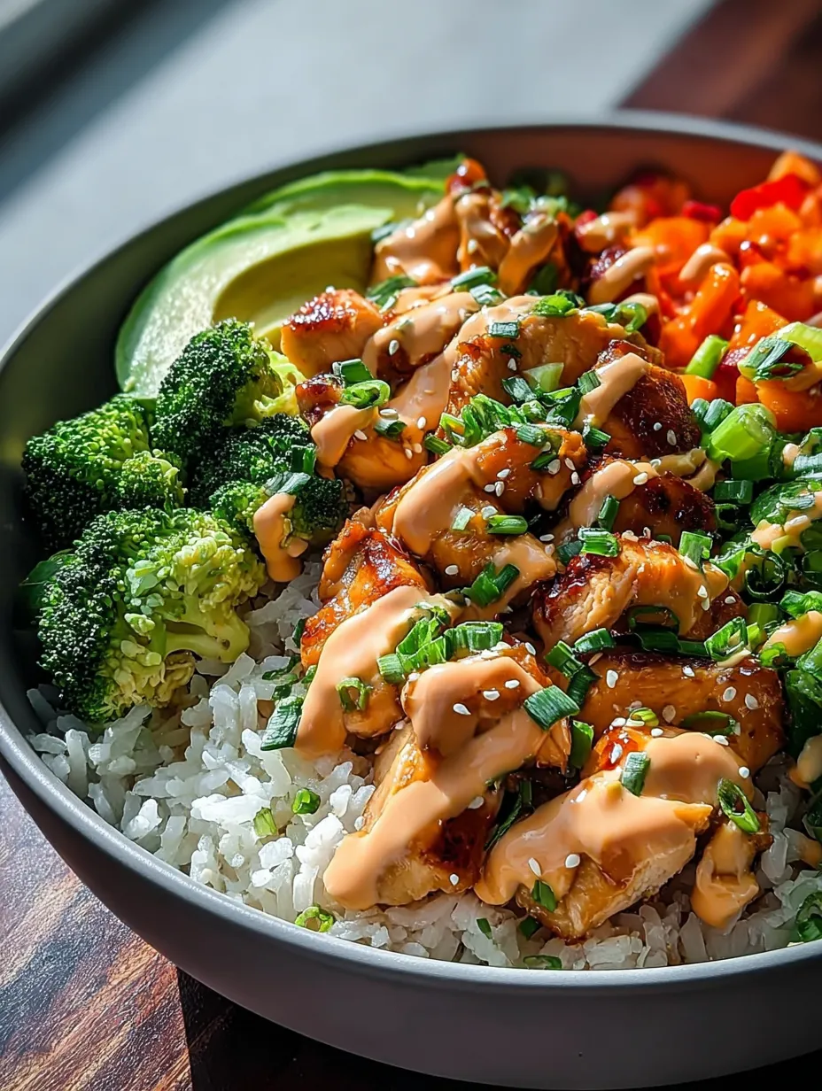 A bowl of food with rice, broccoli, and chicken.