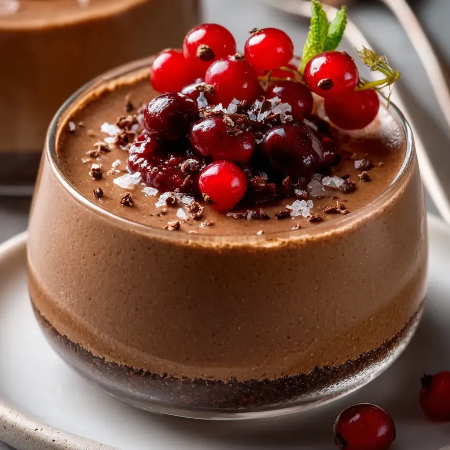 A chocolate dessert with berries on top.